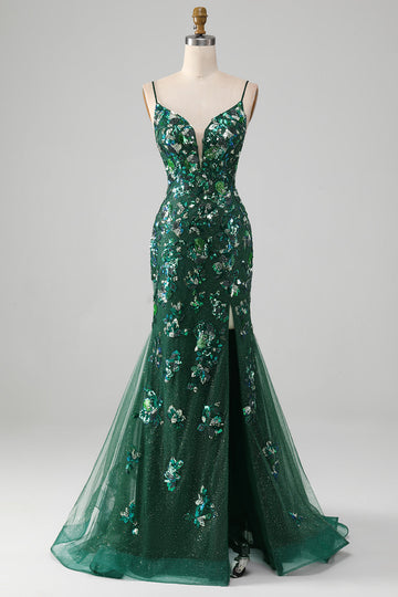 Sparkly Dark Green Mermaid Lace-Up Back Ball Dress with Appliques